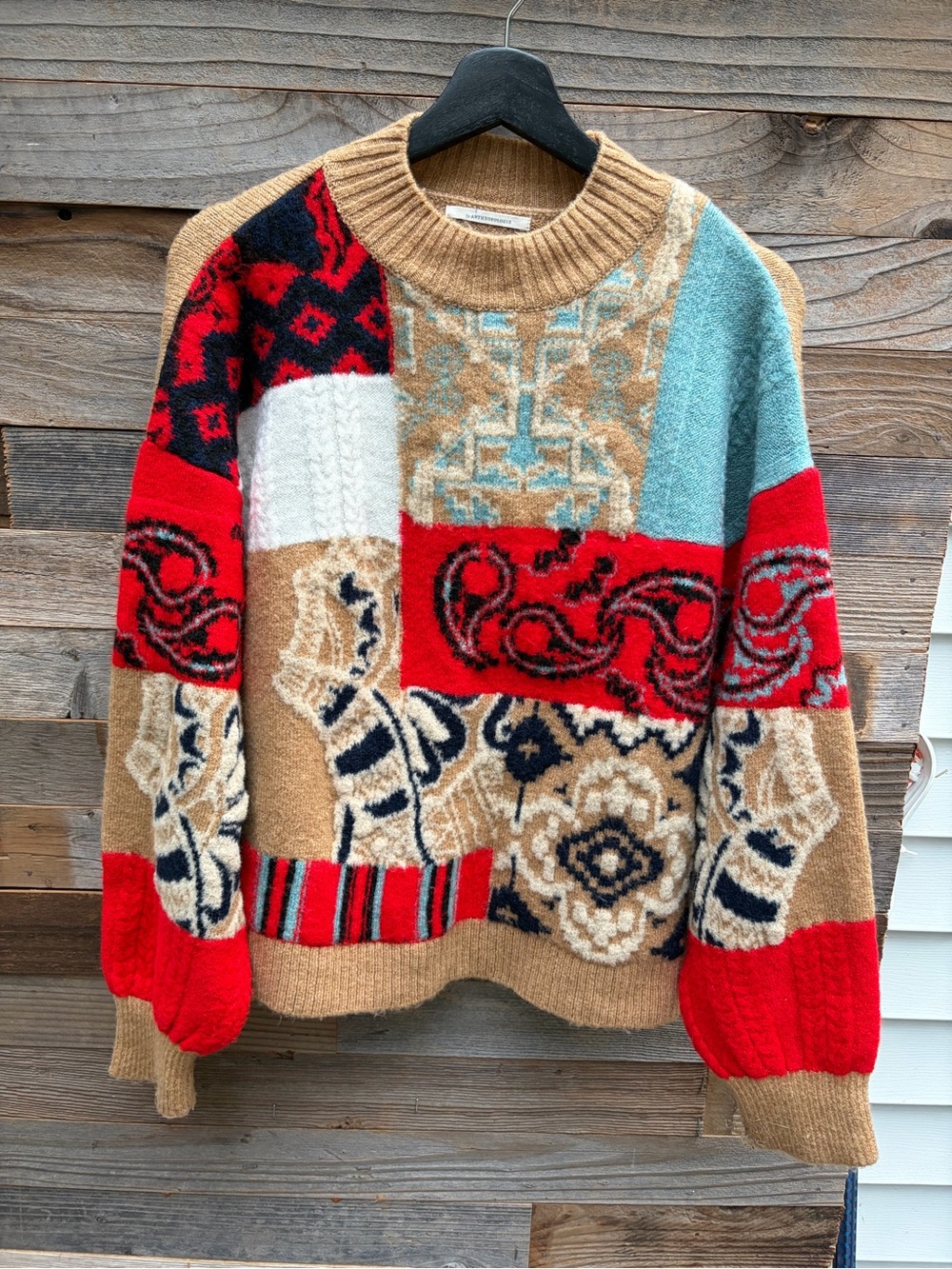 Anthropologie Patchwork Crewneck Sweater - Red, Tan, Blue, Black, Cream